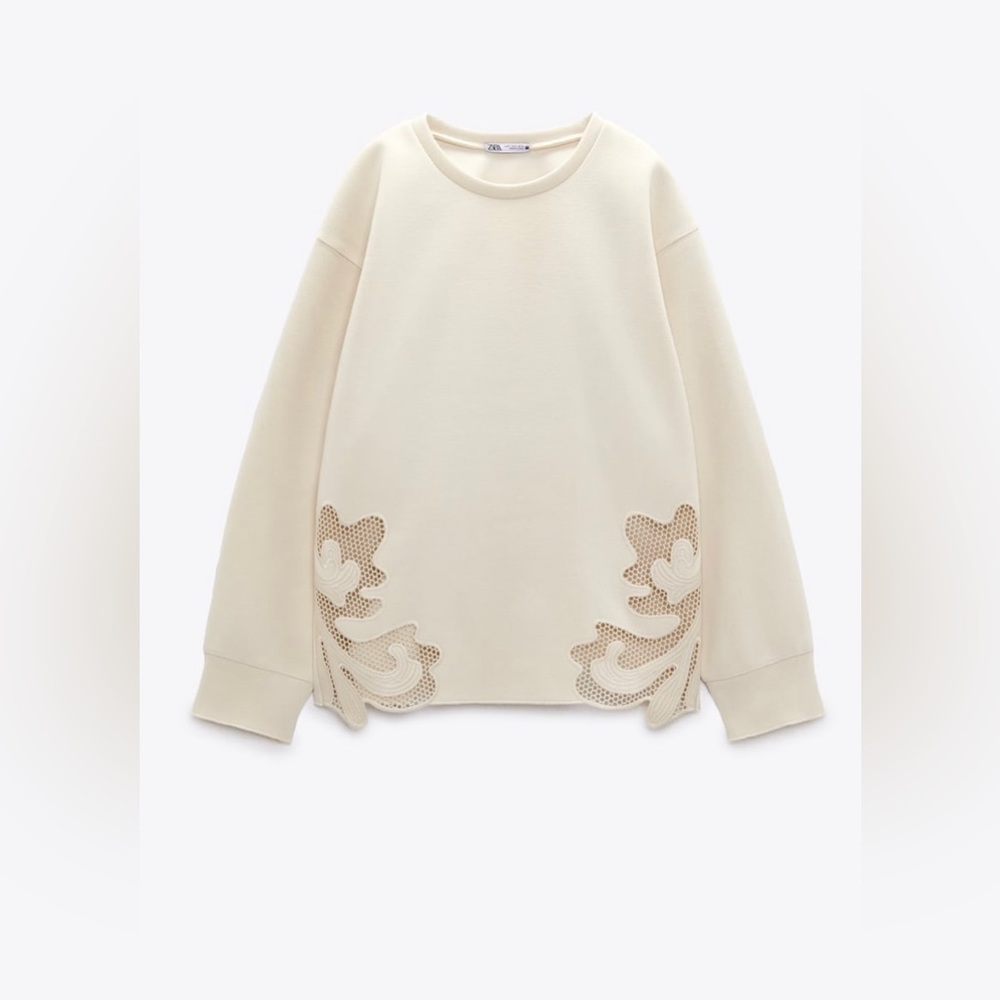 ASYMMETRIC TRIMMED SWEATSHIRT WITH TONAL TRIM DETAIL SIZE S COLOR IVORY NWT